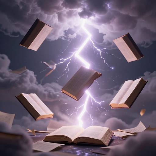 Photograph of open books floating in mid-air, illuminated by bright, purple lightning bolts against a stormy, dark cloud sky.