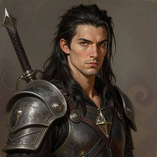 Digital painting of a stern, handsome, long-haired man in dark armor with a sword on his back, wearing a gold star pendant.