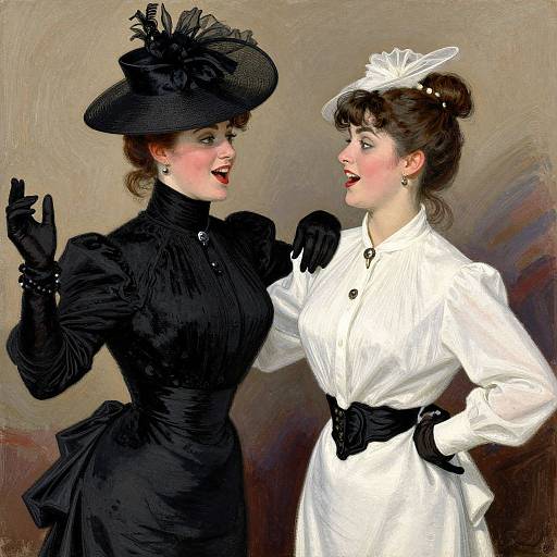 Digital painting of two women in vintage attire; one in black dress and hat, the other in white dress and hat, smiling and gesturing against a