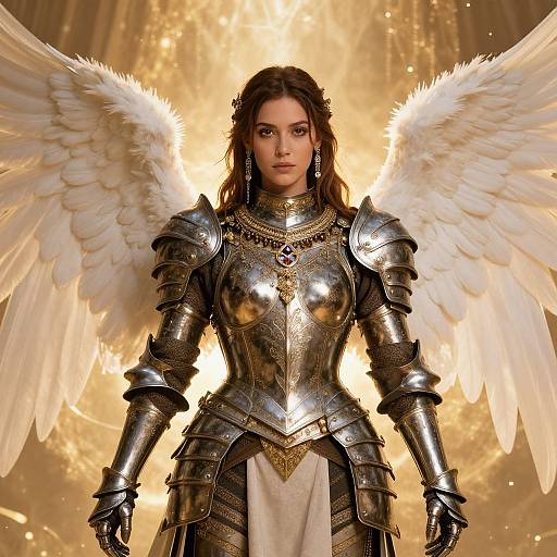 Digital artwork of a beautiful, winged, armored woman with long brown hair, wearing intricate silver armor and a white dress, standing against a radiant golden