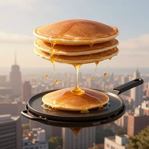 Photograph of golden-brown pancakes stacked on a black griddle, dripping syrup, set against a sunny cityscape with skyscrapers in the background