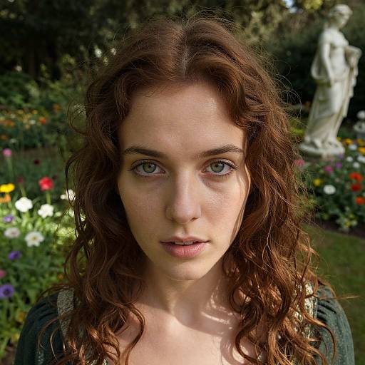 Photograph of a young woman with curly auburn hair, green eyes, and fair skin, standing in a vibrant garden with colorful flowers and a