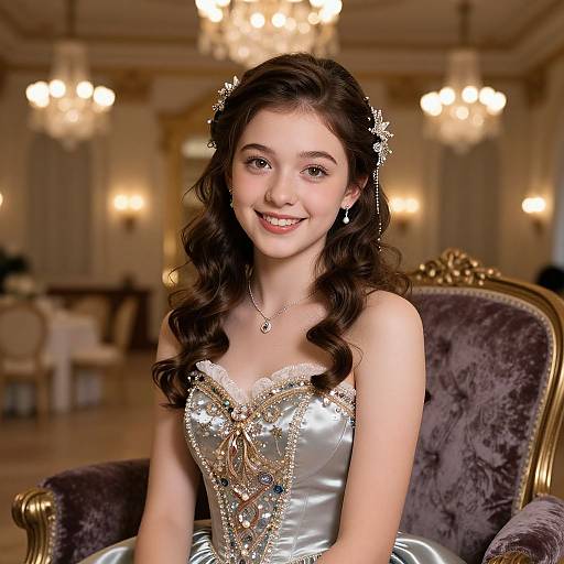Photograph of a young woman with fair skin, dark wavy hair, and brown eyes, wearing a silver, beaded, strapless gown,