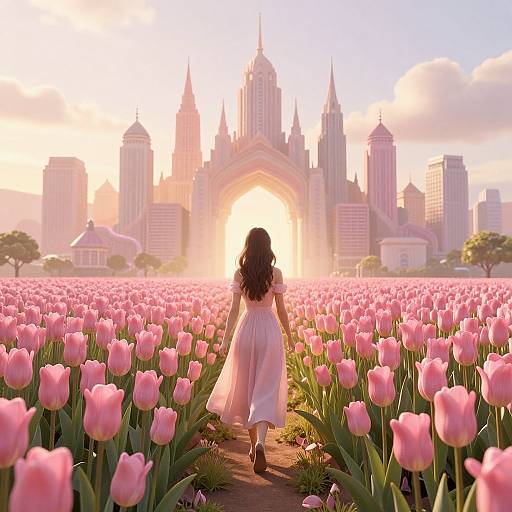 Photograph: A woman in a white dress walks through a pink tulip field, heading toward a sunlit, castle-like cityscape at sunset.