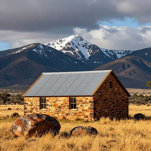 Photograph of a rustic stone barn with a gray metal roof, set in a golden grass field, with snow-capped mountains and cloudy sky in the