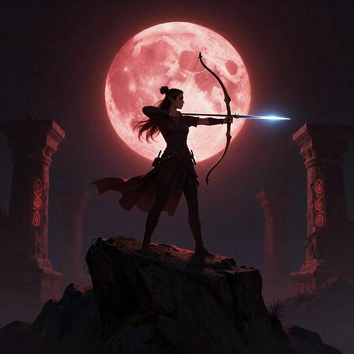 Ethereal Elven Archer Under Crimson Moon