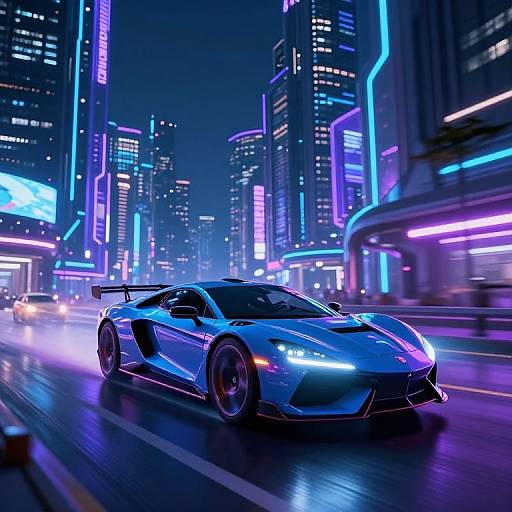 Neon-lit cyberpunk cityscape at night, featuring a sleek, blue, high-performance sports car speeding down a wet street, surrounded by glowing