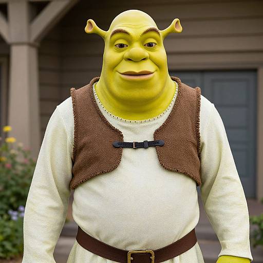 Digital photograph of a yellow-skinned, bald, horned, smiling humanoid in medieval attire with a brown vest and white shirt, standing in front of