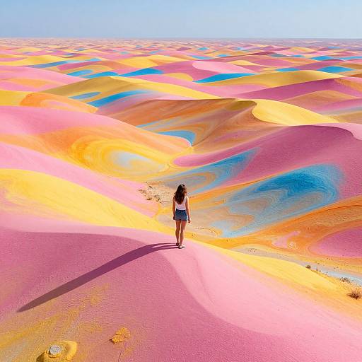 Photograph of a woman with long brown hair, wearing a blue tank top and shorts, standing alone on colorful, swirling sand dunes under a clear