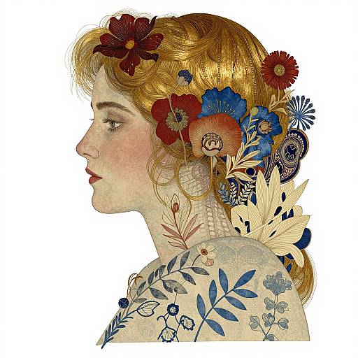 Digital artwork of a side profile blonde woman with floral headpiece, detailed flowers, and botanical patterns on her bare shoulder.