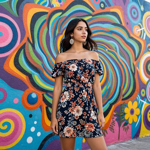 Photograph of a young woman with long black hair, wearing an off-shoulder floral dress, standing against a vibrant, colorful, abstract graffiti wall