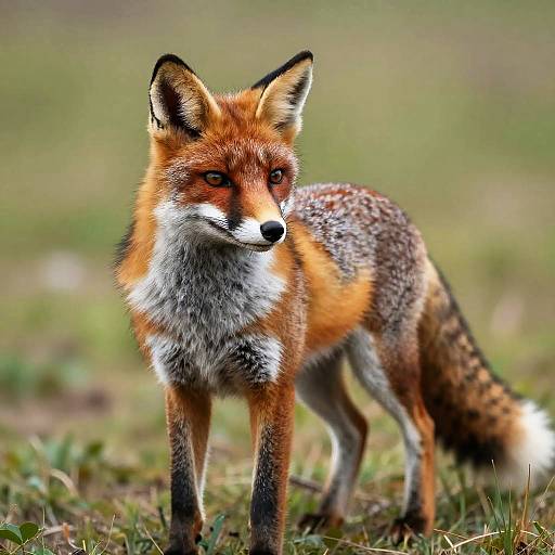Photograph of a red fox with vivid orange fur, white chest, and black-tipped ears, standing in a green, grassy field.