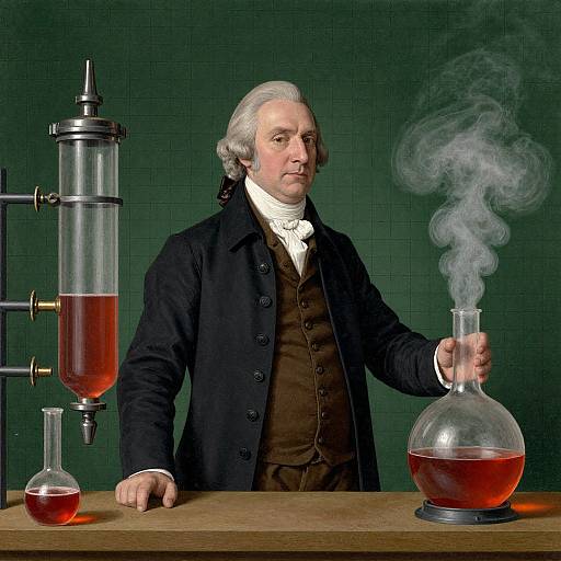 Photograph of an 18th-century scientist with white hair, in a black coat and brown vest, holding a smoking beaker. Lab equipment with