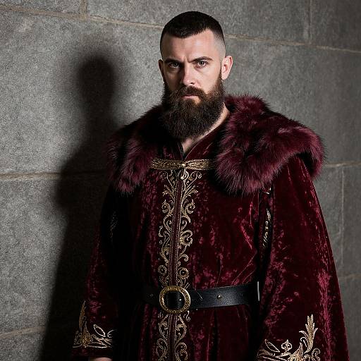 Photograph of a bearded man with intense gaze, wearing a dark red fur-trimmed medieval cloak, standing against a gray stone wall.