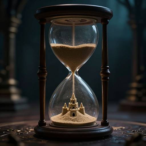 Photograph of a glass hourglass with a small golden castle in the bottom, sand flowing, dark blurred background, and ornate circular base.