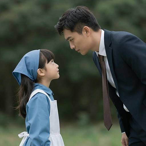 Man and Young Girl Facing Each Other Outdoors