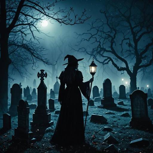 Mysterious Sorceress in Foggy Graveyard