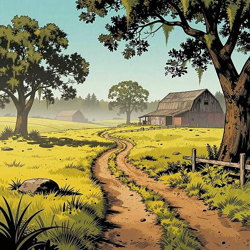 Colorful digital illustration of a sunny rural farm scene with a dirt path winding to weathered barns, surrounded by yellow grass and large trees.