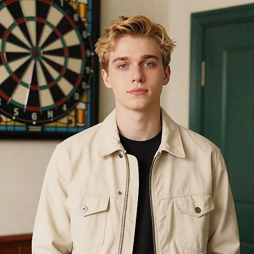 Young Man in Beige Jacket Indoors
