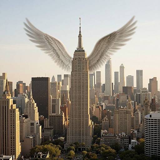 Photograph of New York City skyline with the Empire State Building having large, gray wings digitally added, set against a clear, bright sky.