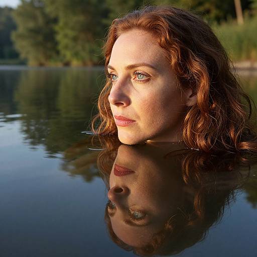 Photograph of a woman with wavy red hair and blue eyes, partially submerged in a reflective lake, with trees in the background. Her reflection is