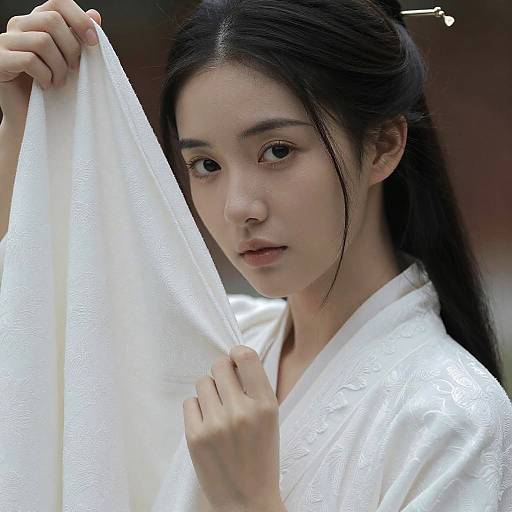 Young Woman in Traditional White Ao Dai Holding Cloth