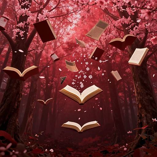 Magical forest scene: Floating open books surround cherry blossom trees with pink petals, illuminated by ethereal red light, creating a whimsical, dreamlike