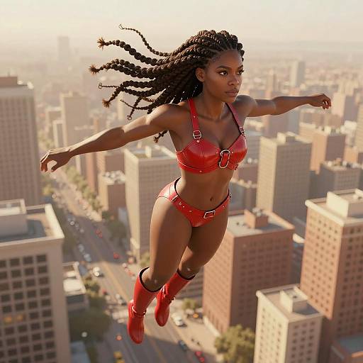 Muscular Black Superhero Soaring Cityscape