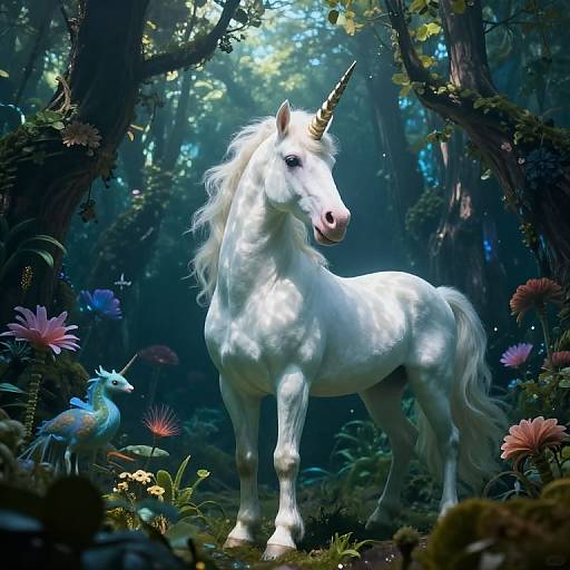 Digital fantasy art of a white unicorn with a golden horn standing in a mystical forest, surrounded by colorful flowers and a blue bird. Sunlight filters through