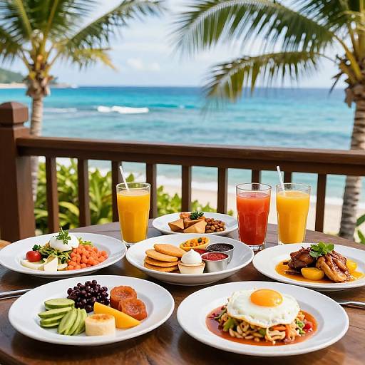 Photograph of a beachside breakfast table with colorful plates of food, fruit, and drinks, under palm trees and a turquoise ocean.