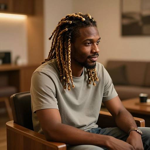 Photograph of a Black man with braided hair wearing a light gray t-shirt, sitting in a modern living room, looking to the side, with