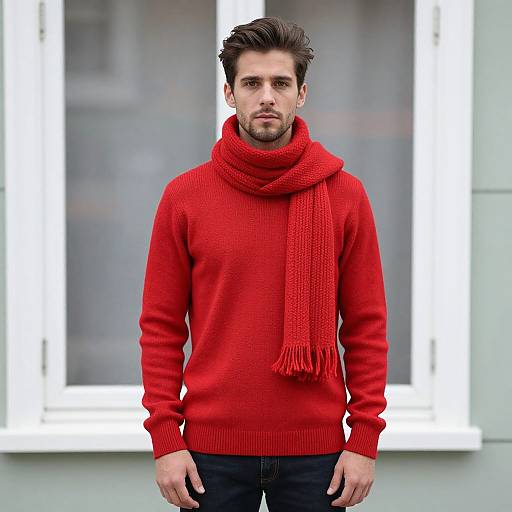 Photograph of a serious-looking man with dark hair, wearing a bright red sweater, matching red scarf, and black pants, standing in front of a