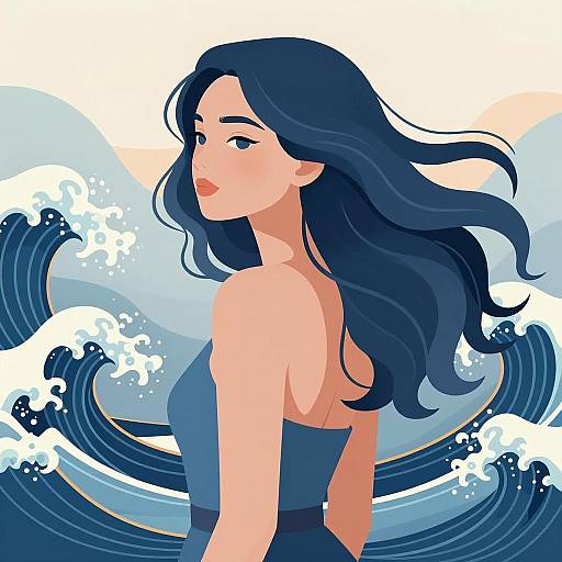 Woman with Flowing Hair and Ocean Waves Illustration
