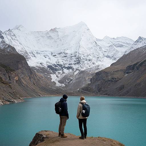 Photograph of two hikers, one male in dark jacket and pants, one female in beige jacket, standing on rocky cliff, overlooking turquoise lake and