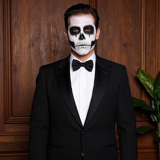 Photograph of a man in a black tuxedo with a white face painted like a skull, standing against a wooden paneled background, wearing a