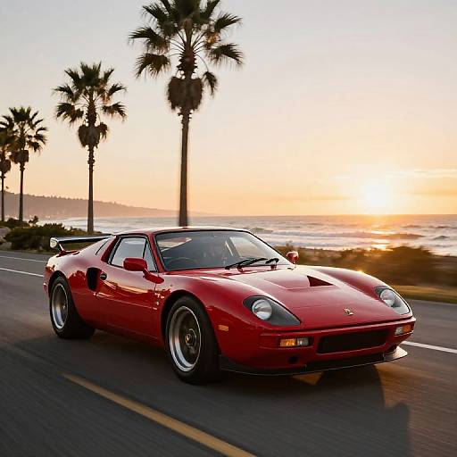 Photograph of a red Ferrari 348 driving on a coastal road at sunset, with palm trees and a golden sky in the background.