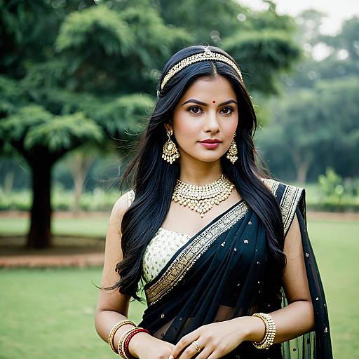 Elegant Woman in Designer Black Saree with Gold Jewelry