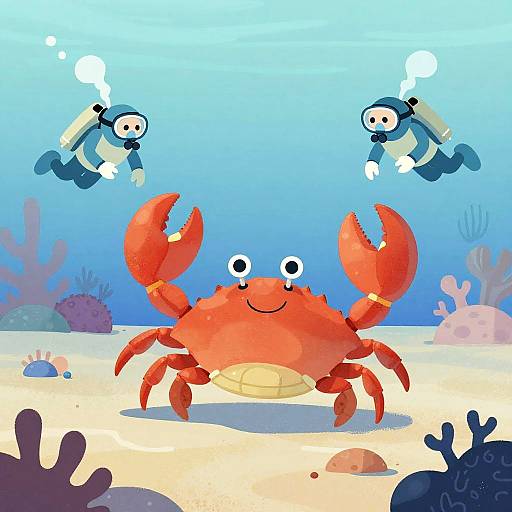 Cartoon-style illustration of two smiling divers with scuba gear above a happy, red crab on a colorful underwater sandy seabed.