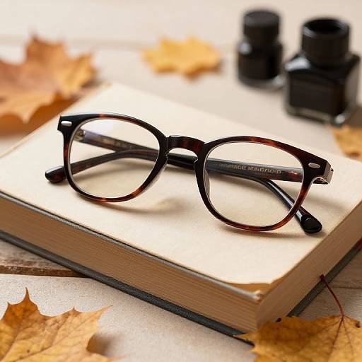 Photograph of tortoiseshell glasses on an open book, surrounded by autumn leaves, with black ink bottles in the blurred background.