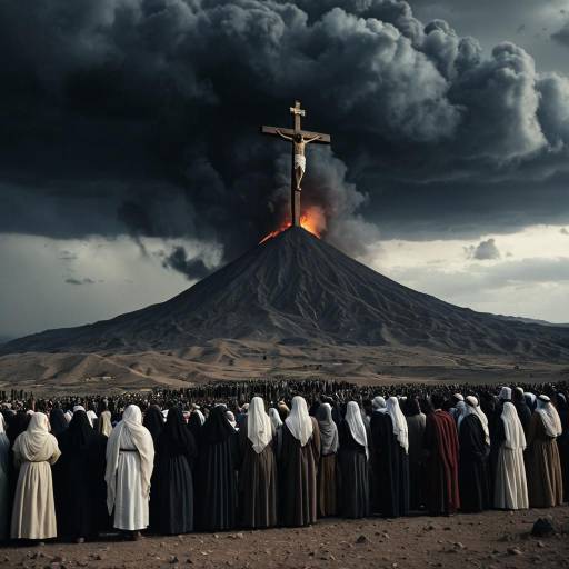 Jesus Crucifixion on Volcanic Hill with Mourning Crowd