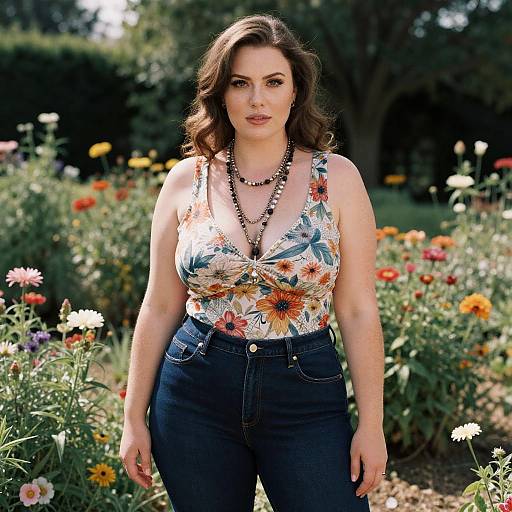 Photograph of a curvy, fair-skinned woman with shoulder-length brown hair, wearing a floral top, black high-waisted jeans, and