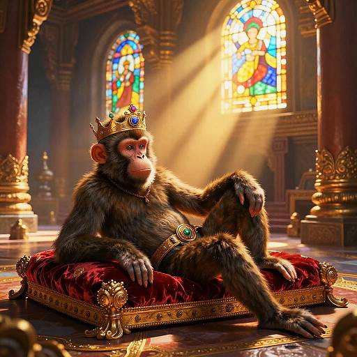 Digital artwork of a regal monkey, wearing a gold crown and jewelry, reclining on a red velvet throne in a sunlit, ornate cathedral