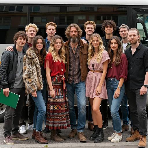 Casual Group Photo in Front of Bus