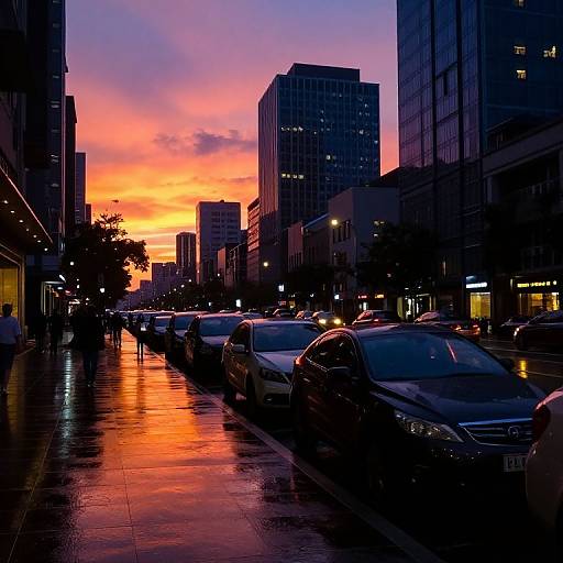 Photograph of a city street at sunset with a vibrant orange and purple sky, reflecting on wet pavement, parked cars lining both sides, tall buildings sil