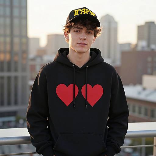 Photograph of a young man with fair skin, dark hair, wearing a black hoodie with red heart design, black cap with yellow logo, standing on