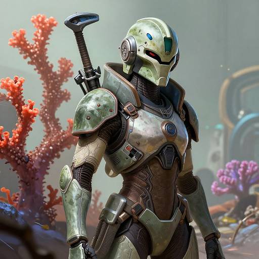 CGI image of a futuristic, silver-armored humanoid robot with a blue eye, standing in a vibrant underwater sci-fi environment. Red coral and purple