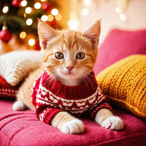 Ginger Kitten in Holiday Sweater on Pink Cushion