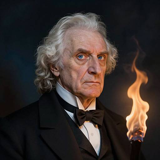Photograph of an elderly man with white curly hair, blue eyes, and a serious expression, wearing a black tuxedo and bowtie, holding