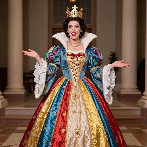 Digital image of a fair-skinned, dark-haired woman in a colorful, medieval-style princess dress with puffed sleeves, crown, and ornate background