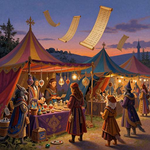 Fantastical medieval market at dusk, colorful tents, illuminated lanterns, costumed vendors and buyers, scrolls floating in the sky, vibrant sunset background